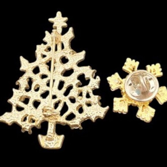 Christmas Tree and Snowflake Brooch Gold Tone White Glitter Enamel Rhinestones - Picture 5 of 9